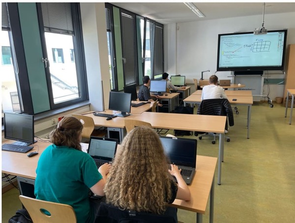 A classroom with computers