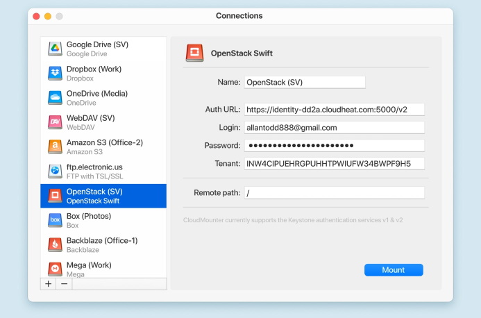 OpenStack Swift connection window