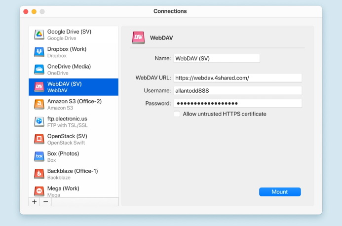 CloudMounter WevDAV connection window