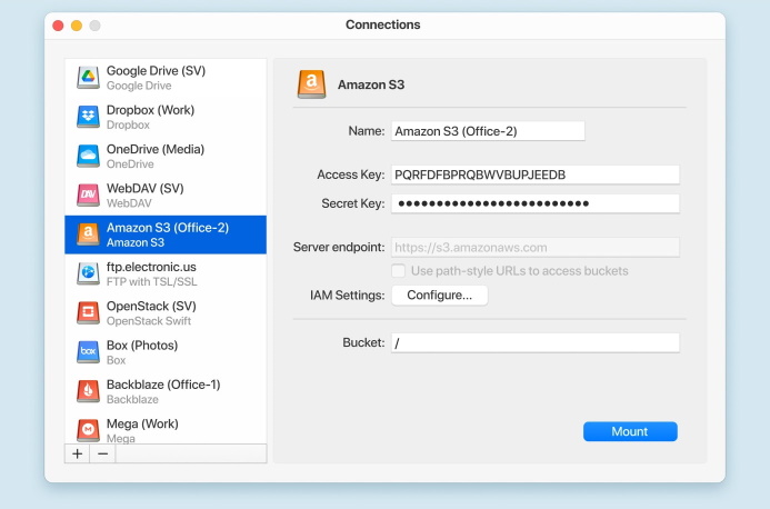 CloudMounter Amazon S3 connection